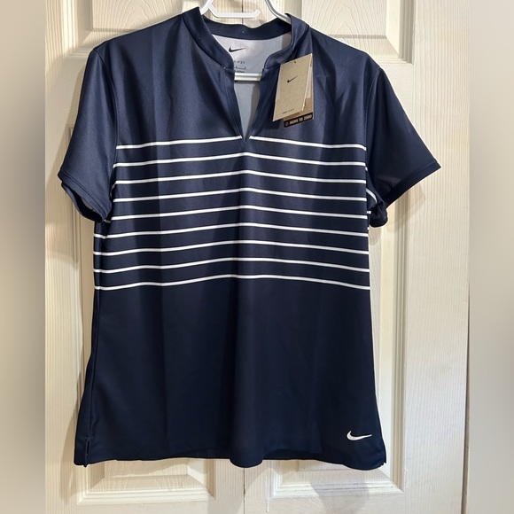 Nike Women’s Navy Blue Dri-fit Striped Polo in Size Large - Picture 2 of 3